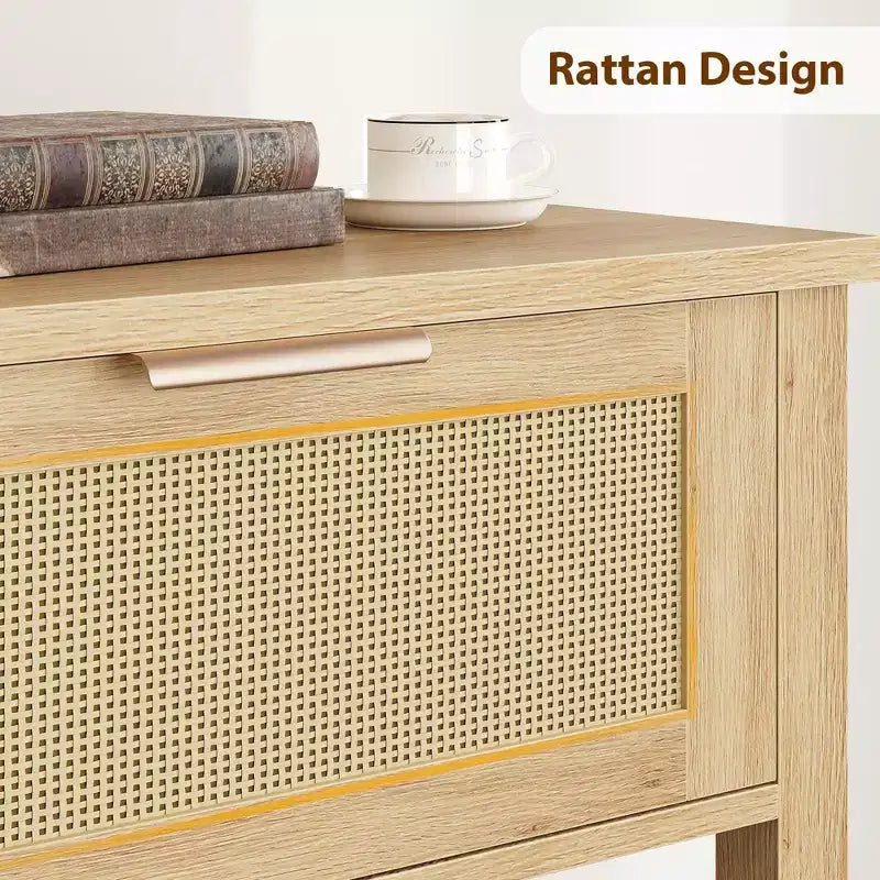 Rattan Console Table with 2 Storage Drawers, Boho Entryway Sofa Table for Living Room Hallway Foyer