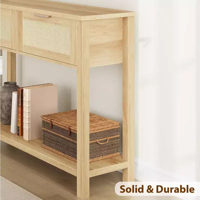 Rattan Console Table with 2 Storage Drawers, Boho Entryway Sofa Table for Living Room Hallway Foyer