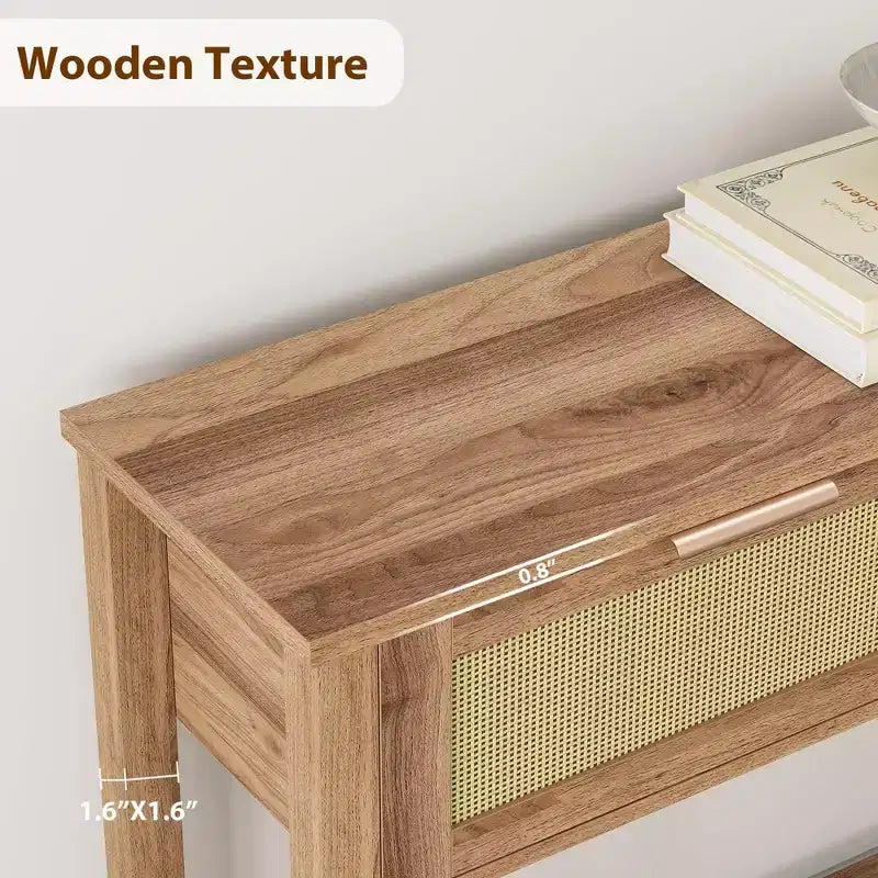 Rattan Console Table with 2 Storage Drawers, Boho Entryway Sofa Table for Living Room Hallway Foyer