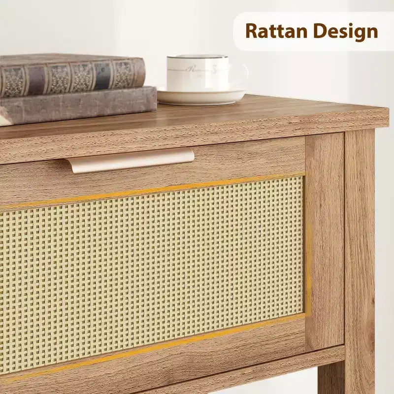 Rattan Console Table with 2 Storage Drawers, Boho Entryway Sofa Table for Living Room Hallway Foyer