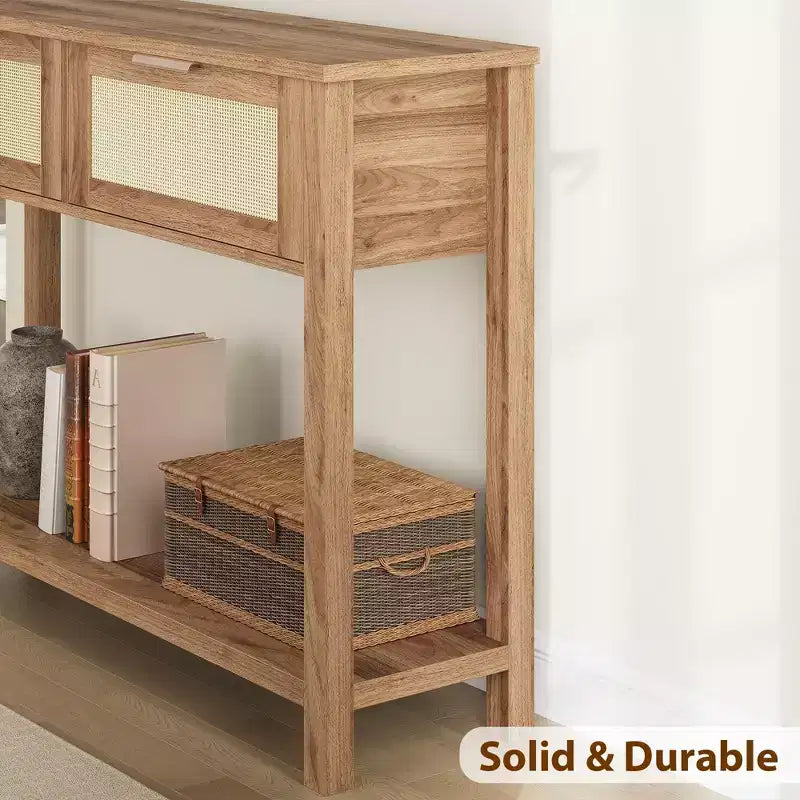Rattan Console Table with 2 Storage Drawers, Boho Entryway Sofa Table for Living Room Hallway Foyer