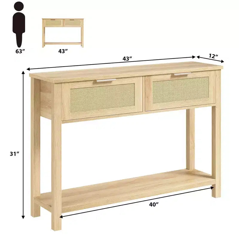 Rattan Console Table with 2 Storage Drawers, Boho Entryway Sofa Table for Living Room Hallway Foyer