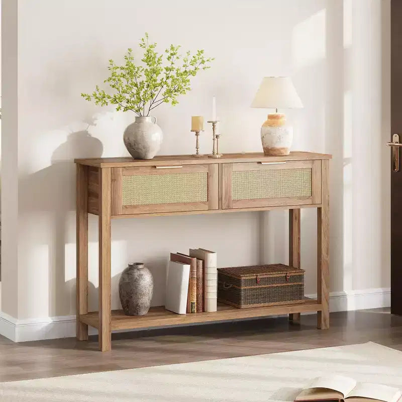 Rattan Console Table with 2 Storage Drawers, Boho Entryway Sofa Table for Living Room Hallway Foyer