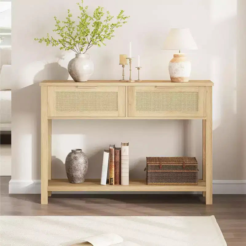 Rattan Console Table with 2 Storage Drawers, Boho Entryway Sofa Table for Living Room Hallway Foyer