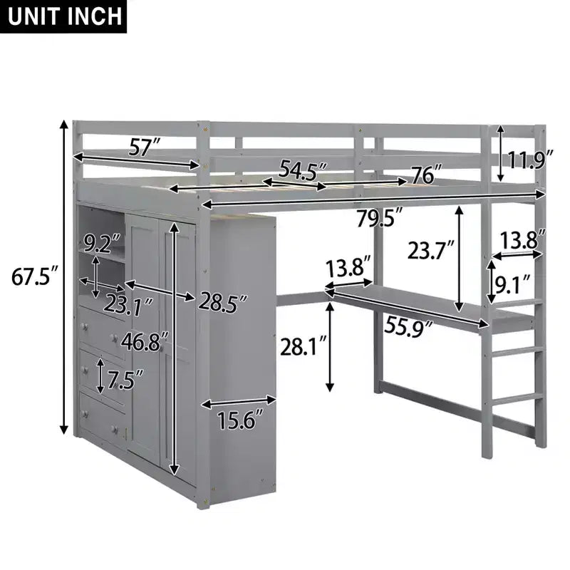 Okak Wood Bunk Bed with Built-in Wardrobe, Storage Shelves, Loft Bunk Bed with Desk & Drawers for Teens, Easy Assemble