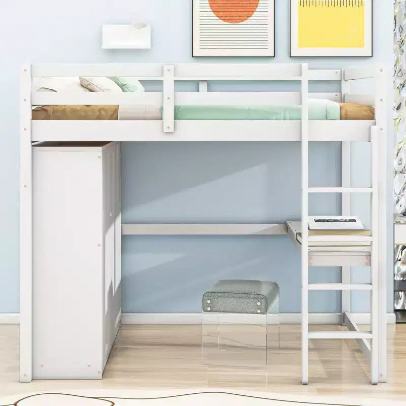 Okak Wood Bunk Bed with Built-in Wardrobe, Storage Shelves, Loft Bunk Bed with Desk & Drawers for Teens, Easy Assemble