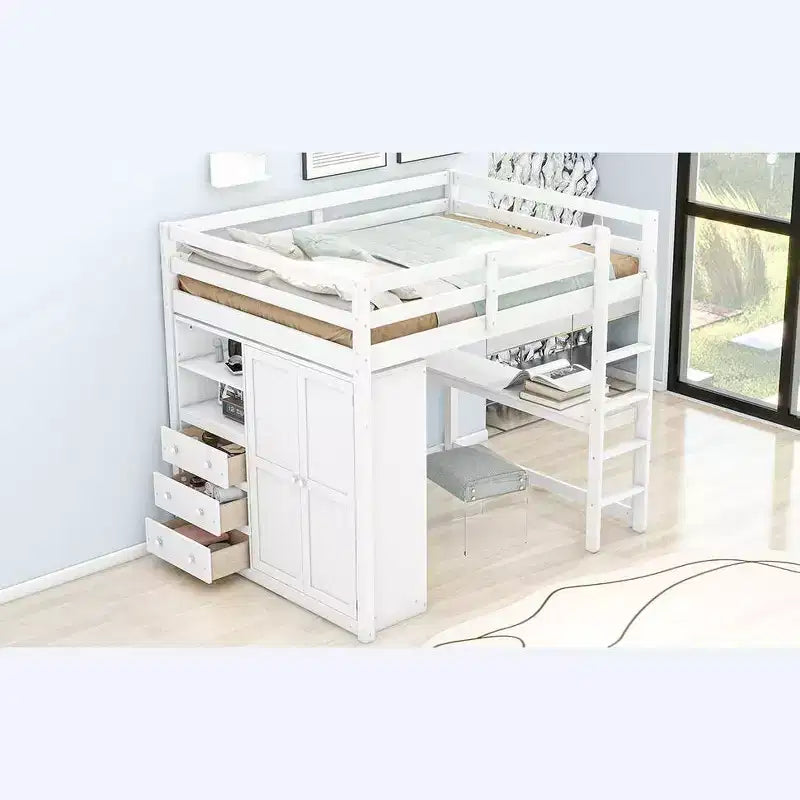 Okak Wood Bunk Bed with Built-in Wardrobe, Storage Shelves, Loft Bunk Bed with Desk & Drawers for Teens, Easy Assemble