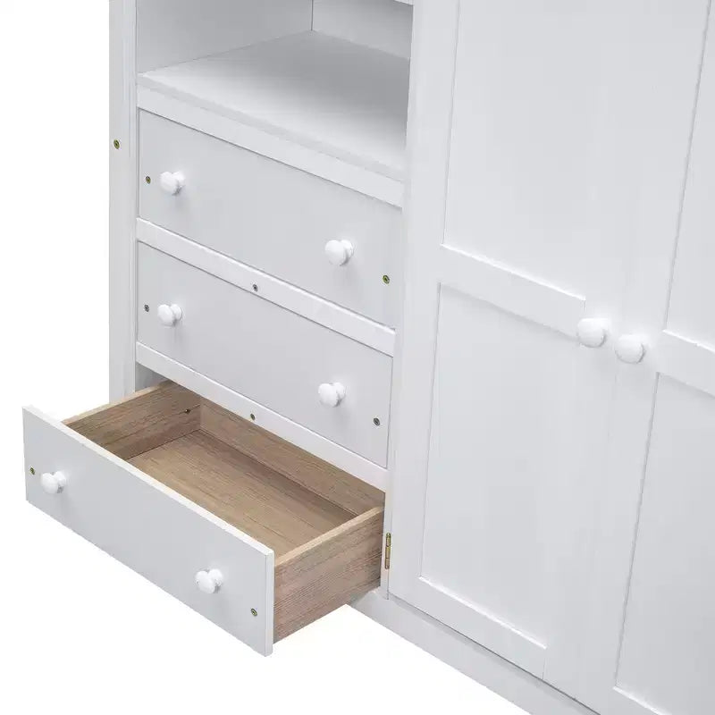 Okak Wood Bunk Bed with Built-in Wardrobe, Storage Shelves, Loft Bunk Bed with Desk & Drawers for Teens, Easy Assemble