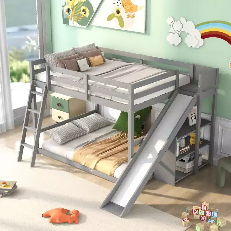 Okak Wood Bunk Bed with Built-in Wardrobe, Storage Shelves, Loft Bunk Bed with Desk & Drawers for Teens, Easy Assemble