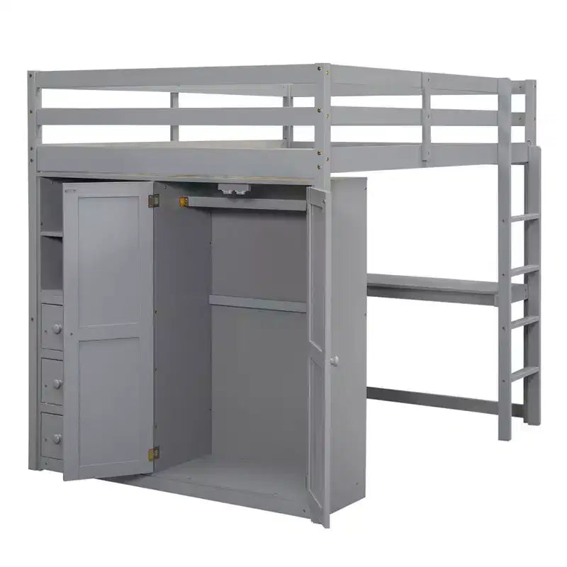 Okak Wood Bunk Bed with Built-in Wardrobe, Storage Shelves, Loft Bunk Bed with Desk & Drawers for Teens, Easy Assemble