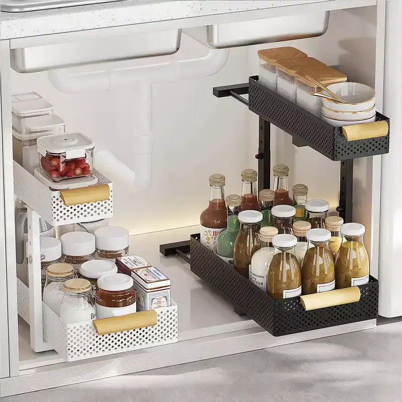 GustoWave Under Sink Storage Kitchen Organisation Carbon Steel 2-Tier Pull-Out Cupboard Organiser Height Adjustable Under Sink Rack