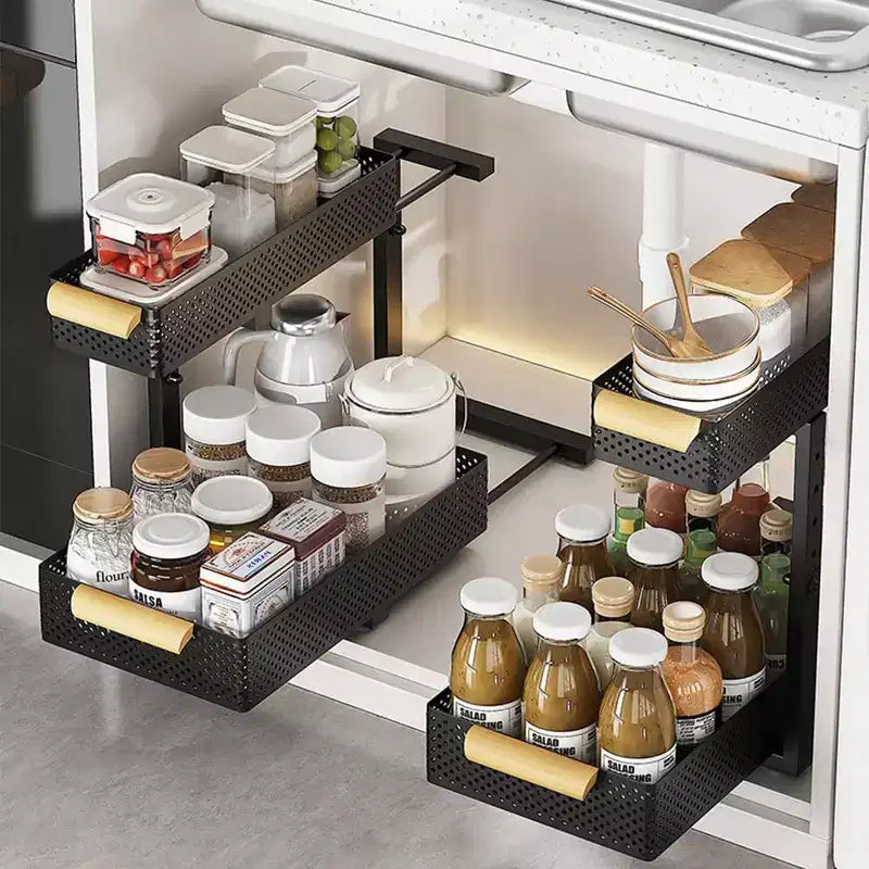 GustoWave Under Sink Storage Kitchen Organisation Carbon Steel 2-Tier Pull-Out Cupboard Organiser Height Adjustable Under Sink Rack