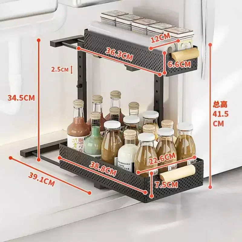 GustoWave Under Sink Storage Kitchen Organisation Carbon Steel 2-Tier Pull-Out Cupboard Organiser Height Adjustable Under Sink Rack