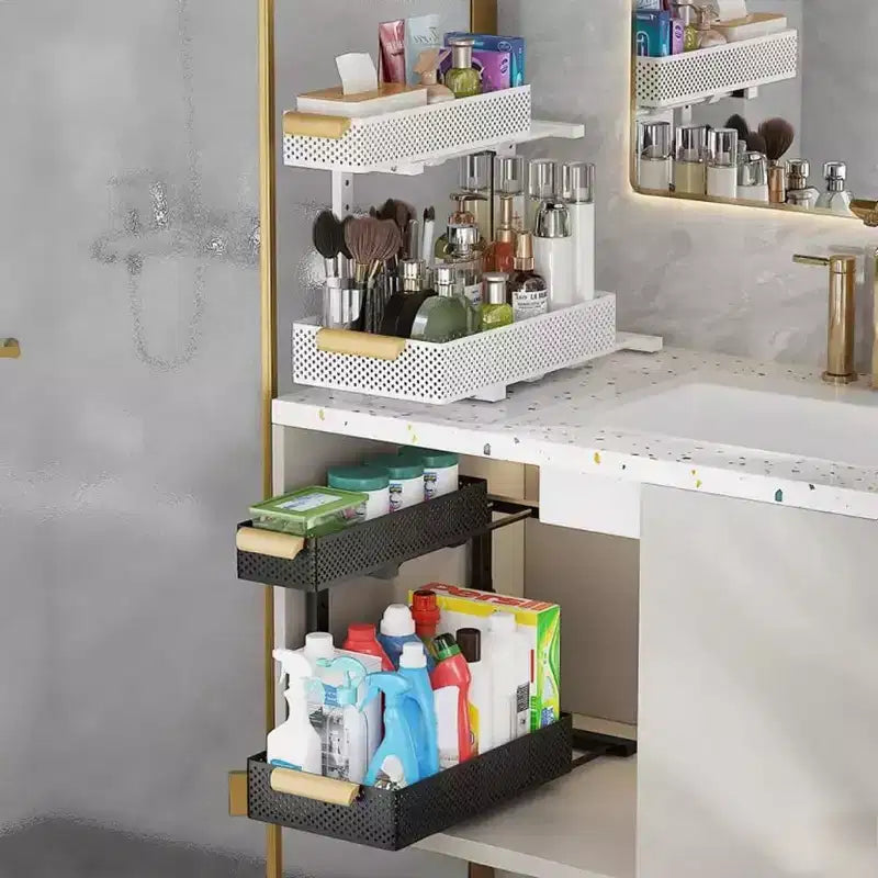 GustoWave Under Sink Storage Kitchen Organisation Carbon Steel 2-Tier Pull-Out Cupboard Organiser Height Adjustable Under Sink Rack