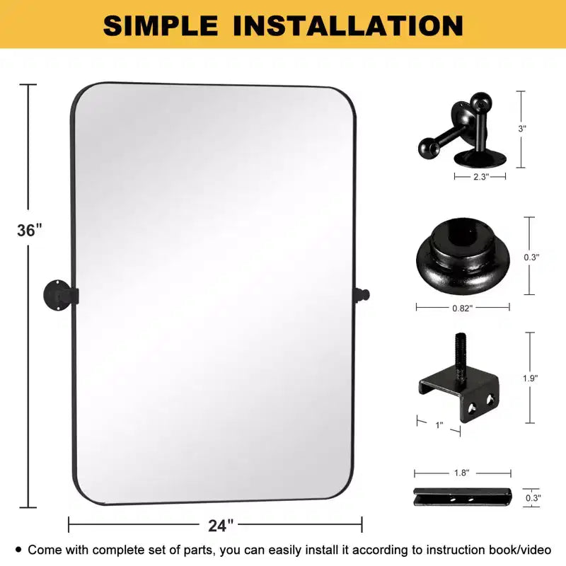 MAYEERTY Modern Black Metal Frame Round Corner Rectangular Rotating Wall Mounted Accent Mirror 36 x 24 x 2