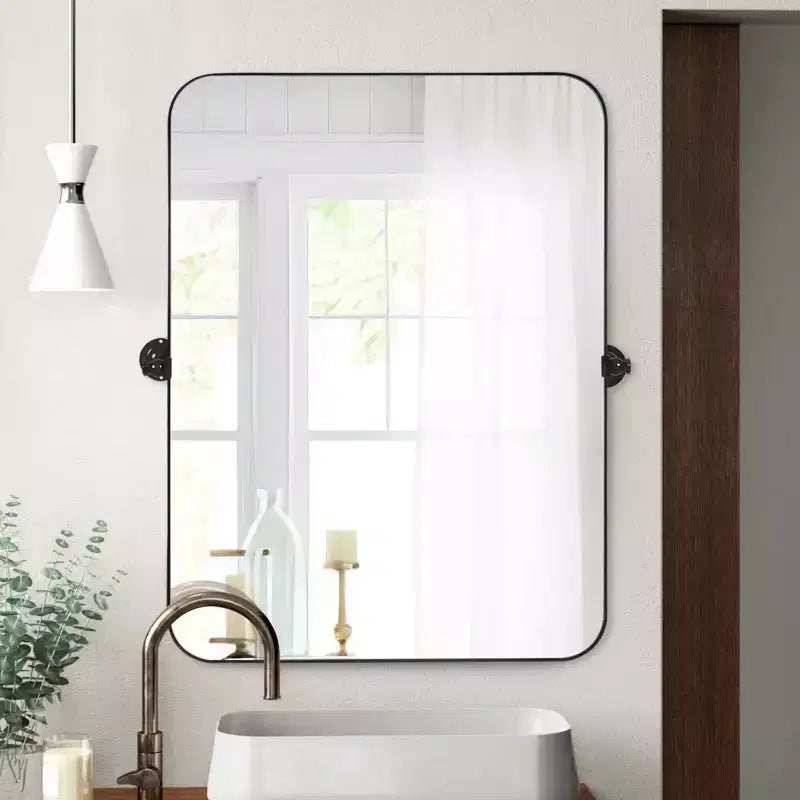 MAYEERTY Modern Black Metal Frame Round Corner Rectangular Rotating Wall Mounted Accent Mirror 36 x 24 x 2