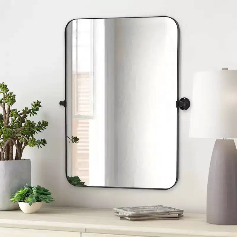 MAYEERTY Modern Black Metal Frame Round Corner Rectangular Rotating Wall Mounted Accent Mirror 36 x 24 x 2