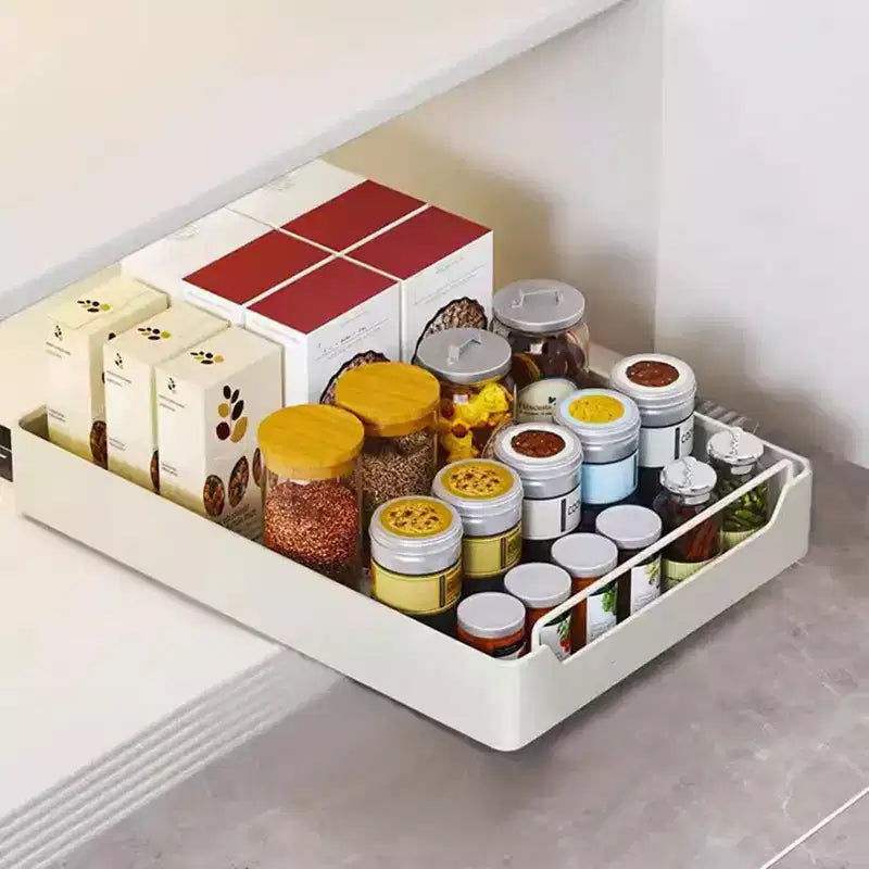 Kitchen Pull Out Cabinet Organizer Fixed With Adhesive Film, Heavy Duty Storage and Organization Slide Out Pantry Shelves Sliding Drawer