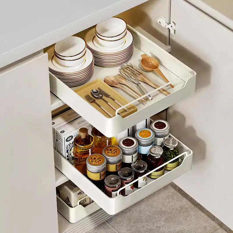 Kitchen Pull Out Cabinet Organizer Fixed With Adhesive Film, Heavy Duty Storage and Organization Slide Out Pantry Shelves Sliding Drawer