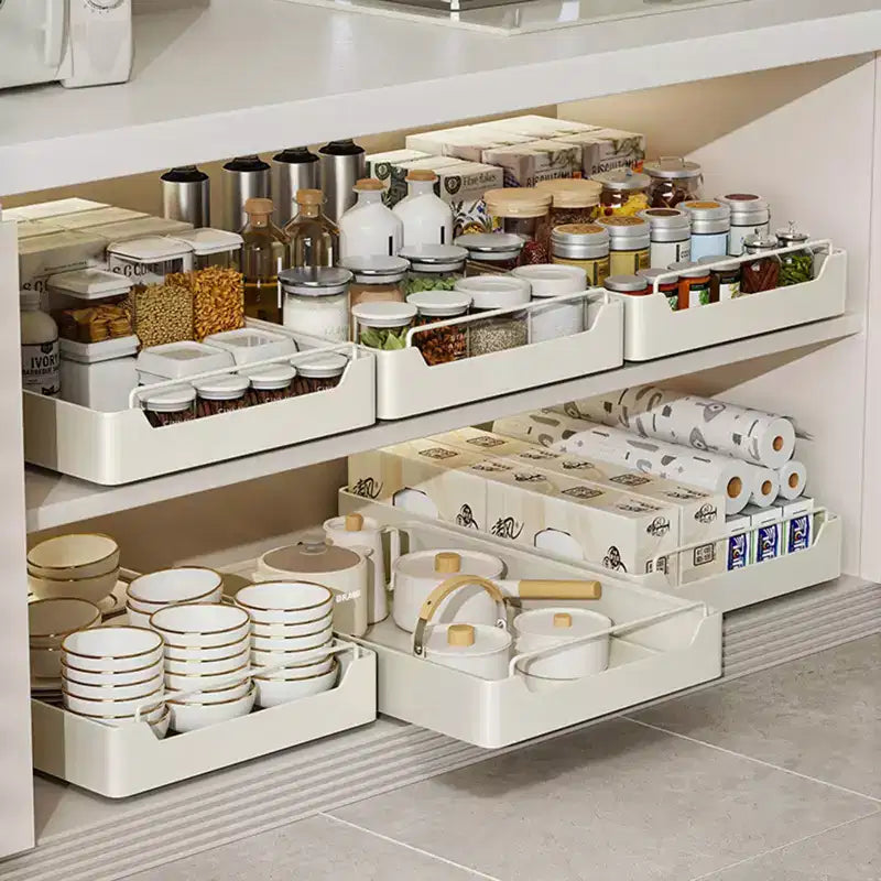 Kitchen Pull Out Cabinet Organizer Fixed With Adhesive Film, Heavy Duty Storage and Organization Slide Out Pantry Shelves Sliding Drawer