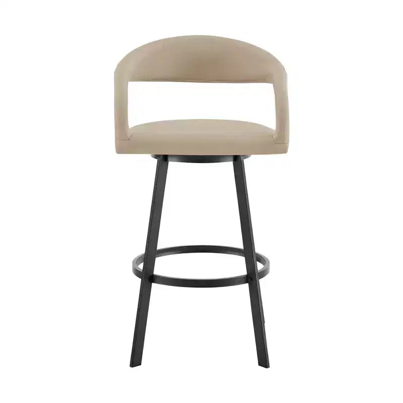 HomeRoots 30 Beige and Black Faux Leather and Iron Low Back Bar Height Swivel Bar Chair