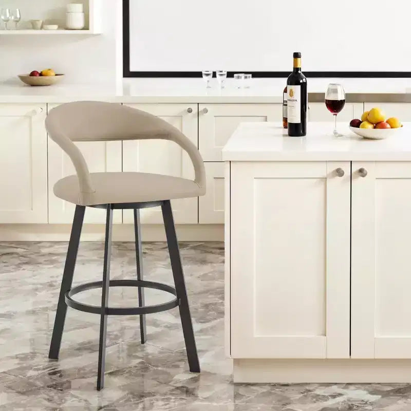 Chaise de bar pivotante HomeRoots 30" dossier bas en similicuir beige et noir et fer forgé, hauteur bar