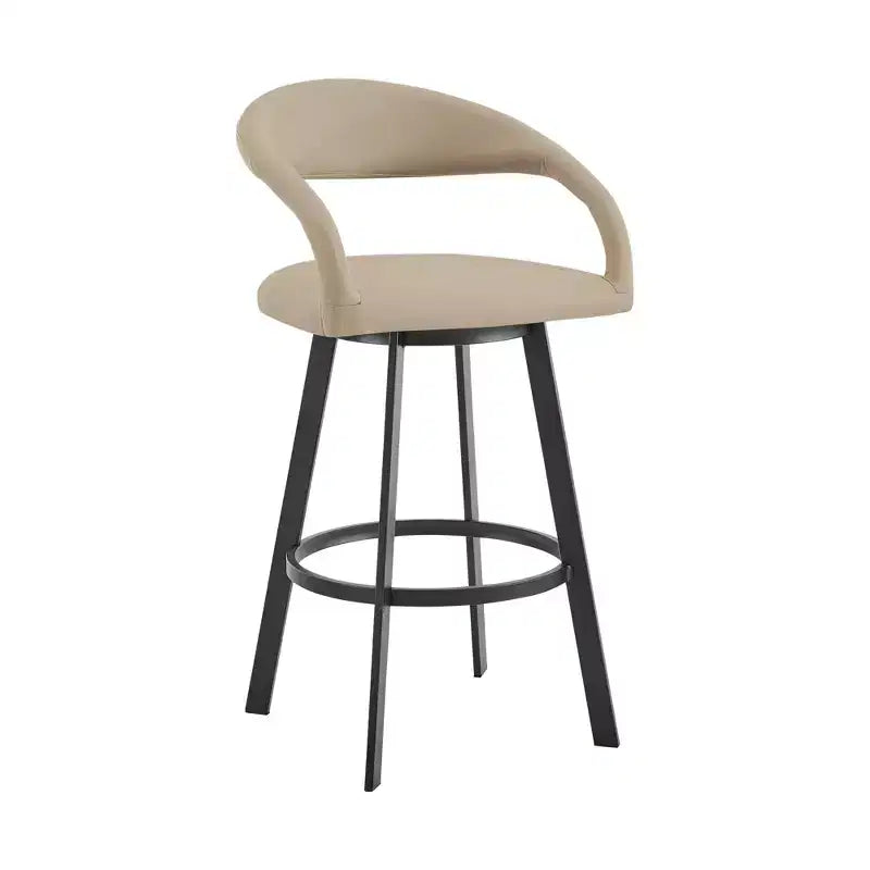 Chaise de bar pivotante HomeRoots 30" dossier bas en similicuir beige et noir et fer forgé, hauteur bar