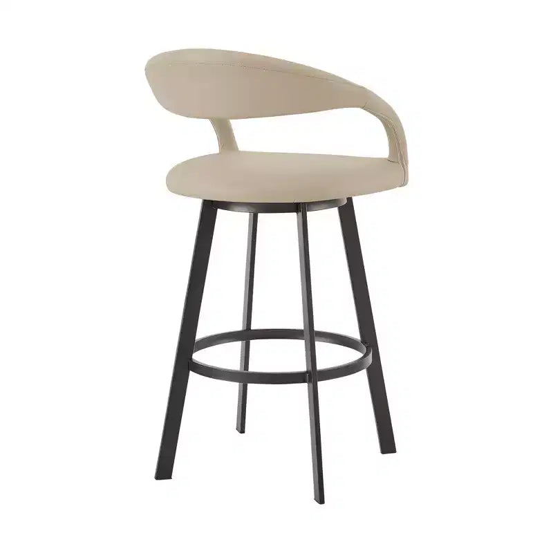Chaise de bar pivotante HomeRoots 30" dossier bas en similicuir beige et noir et fer forgé, hauteur bar
