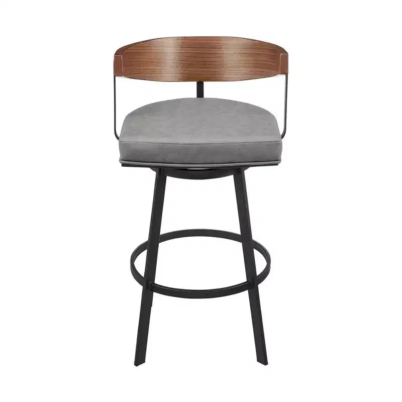 HomeRoots 30 Gray Brown and Black Faux Leather and Iron Low Back Bar Height Swivel Bar Chair