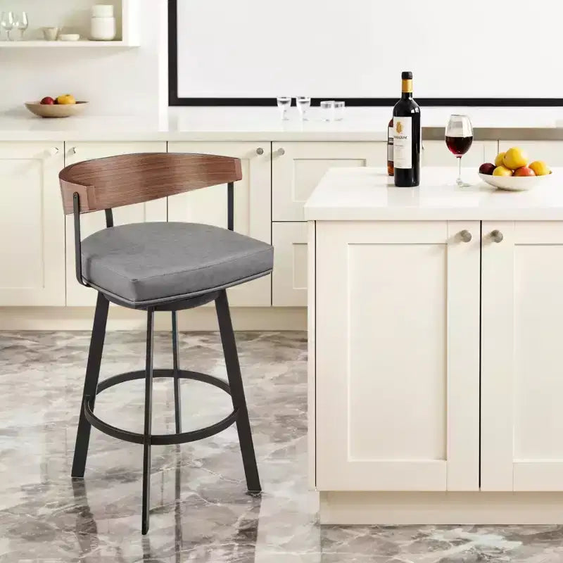HomeRoots 30 Gray Brown and Black Faux Leather and Iron Low Back Bar Height Swivel Bar Chair