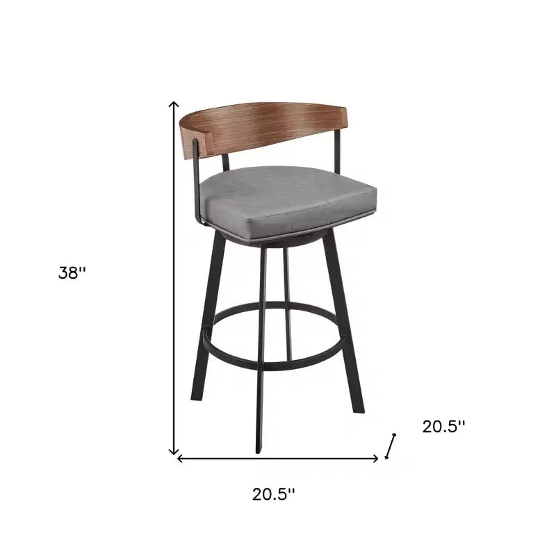 HomeRoots 30 Gray Brown and Black Faux Leather and Iron Low Back Bar Height Swivel Bar Chair