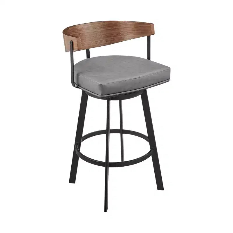 HomeRoots 30 Gray Brown and Black Faux Leather and Iron Low Back Bar Height Swivel Bar Chair