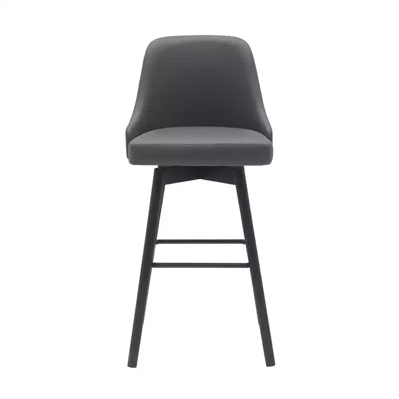 HomeRoots 30 Gray and Black Faux Leather with Solid Wood Swivel Bar Height Bar Chair