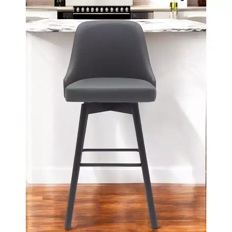 HomeRoots 30 Gray and Black Faux Leather with Solid Wood Swivel Bar Height Bar Chair