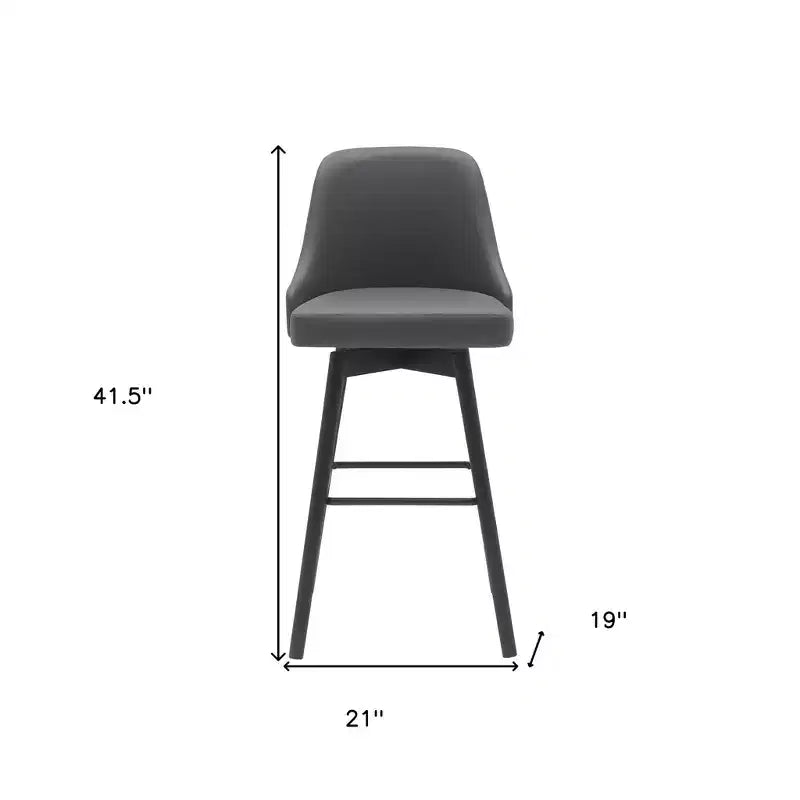 HomeRoots 30 Gray and Black Faux Leather with Solid Wood Swivel Bar Height Bar Chair