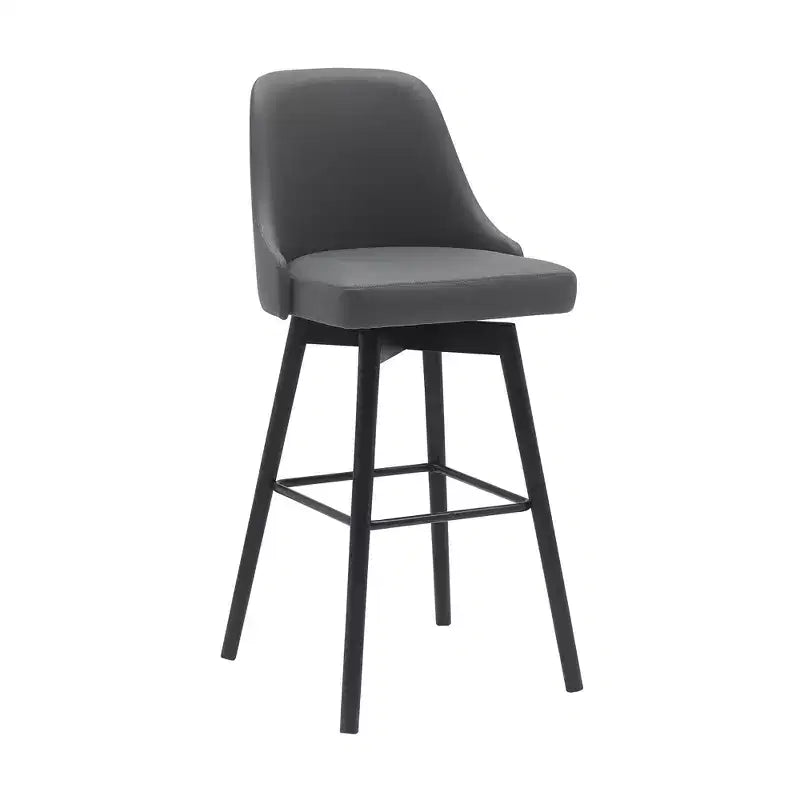 HomeRoots 30 Gray and Black Faux Leather with Solid Wood Swivel Bar Height Bar Chair