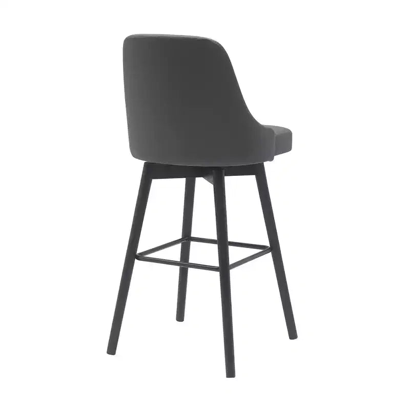HomeRoots 30 Gray and Black Faux Leather with Solid Wood Swivel Bar Height Bar Chair