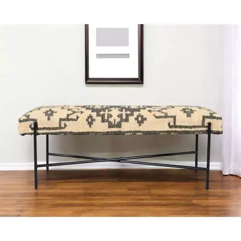 HomeRoots 48 Cream and Black Cotton Blend Upholstered Southwest Bench