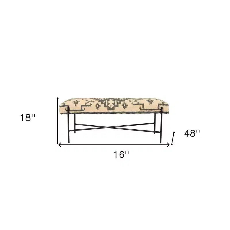 HomeRoots 48 Cream and Black Cotton Blend Upholstered Southwest Bench