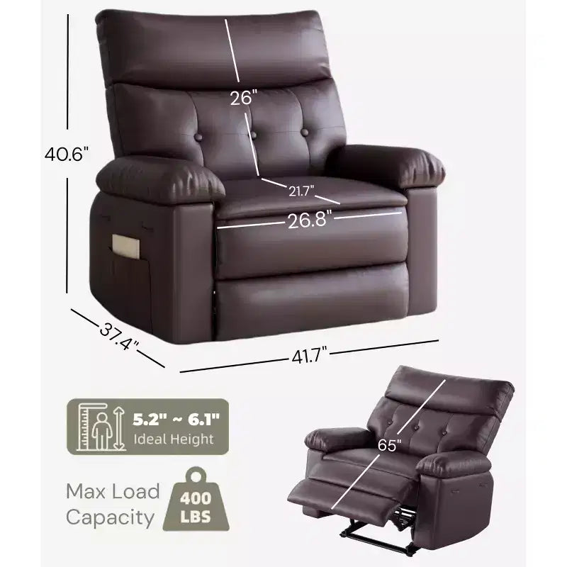 Fauteuil inclinable pivotant surdimensionné à bascule large – Fauteuil inclinable manuel en cuir PU pour adultes, fauteuil paresseux confortable avec rembourrage éponge 1,5X et facile