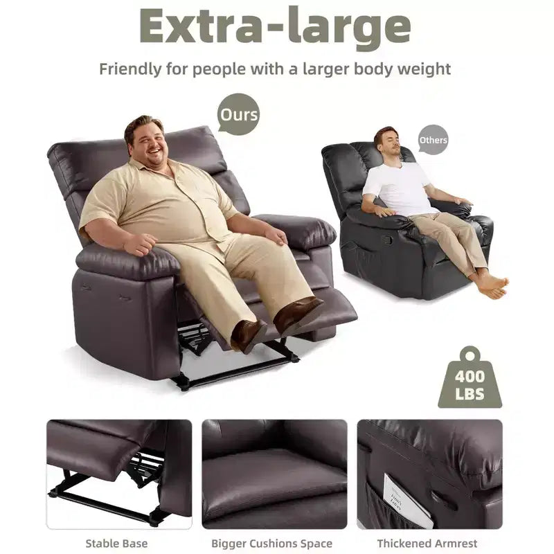 Fauteuil inclinable pivotant surdimensionné à bascule large – Fauteuil inclinable manuel en cuir PU pour adultes, fauteuil paresseux confortable avec rembourrage éponge 1,5X et facile
