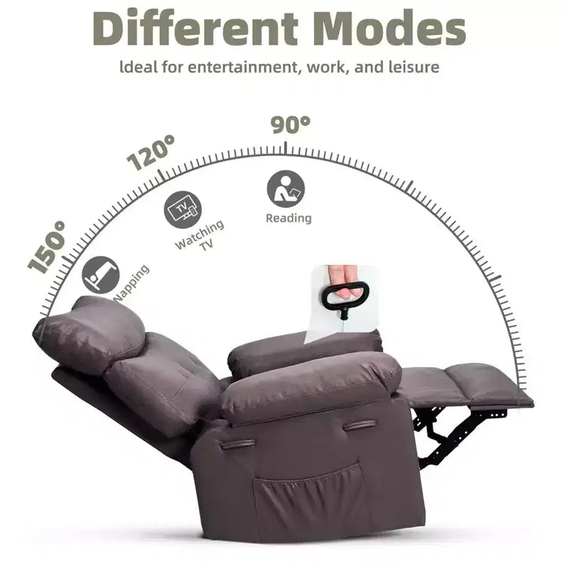 Fauteuil inclinable pivotant surdimensionné à bascule large – Fauteuil inclinable manuel en cuir PU pour adultes, fauteuil paresseux confortable avec rembourrage éponge 1,5X et facile