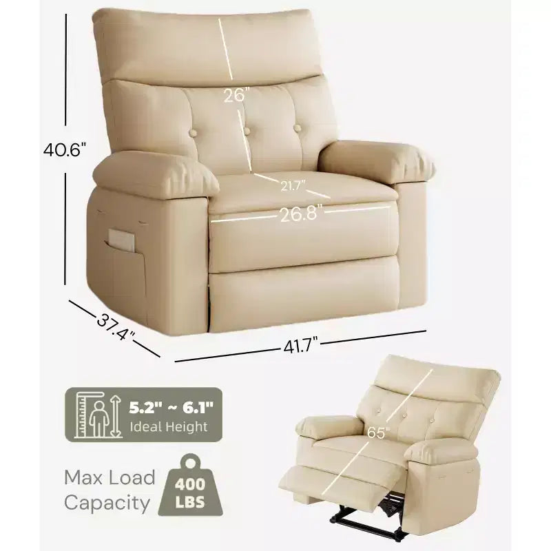 Fauteuil inclinable pivotant surdimensionné à bascule large – Fauteuil inclinable manuel en cuir PU pour adultes, fauteuil paresseux confortable avec rembourrage éponge 1,5X et facile