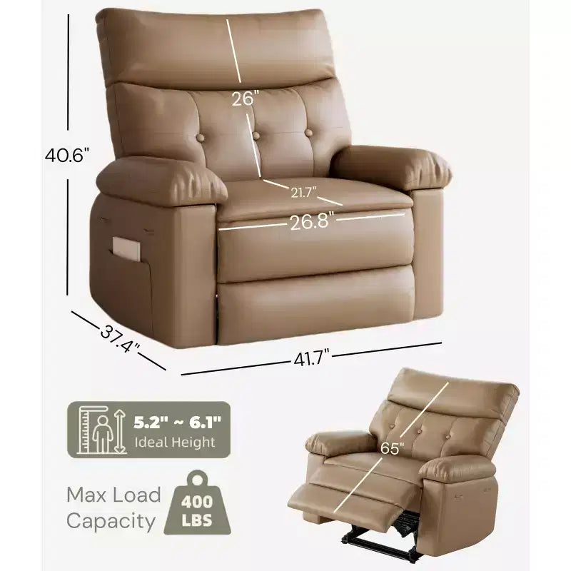 Fauteuil inclinable pivotant surdimensionné à bascule large – Fauteuil inclinable manuel en cuir PU pour adultes, fauteuil paresseux confortable avec rembourrage éponge 1,5X et facile