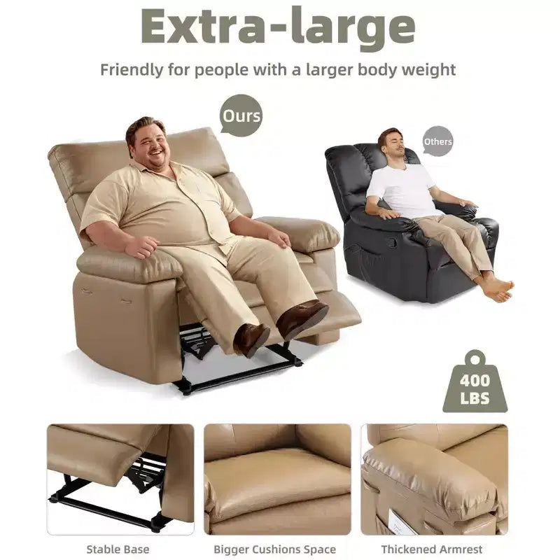 Fauteuil inclinable pivotant surdimensionné à bascule large – Fauteuil inclinable manuel en cuir PU pour adultes, fauteuil paresseux confortable avec rembourrage éponge 1,5X et facile