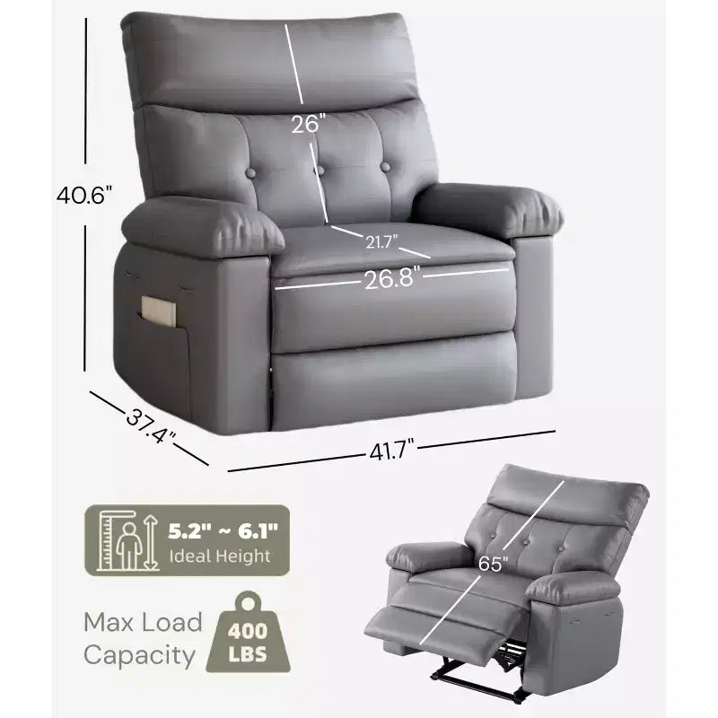 Fauteuil inclinable pivotant surdimensionné à bascule large – Fauteuil inclinable manuel en cuir PU pour adultes, fauteuil paresseux confortable avec rembourrage éponge 1,5X et facile