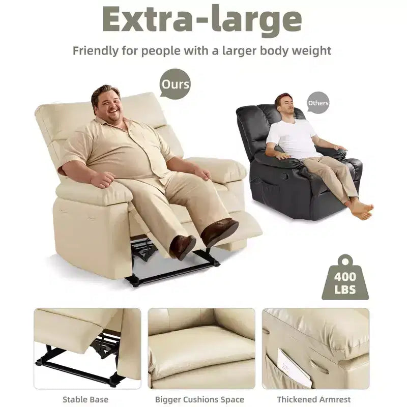Fauteuil inclinable pivotant surdimensionné à bascule large – Fauteuil inclinable manuel en cuir PU pour adultes, fauteuil paresseux confortable avec rembourrage éponge 1,5X et facile