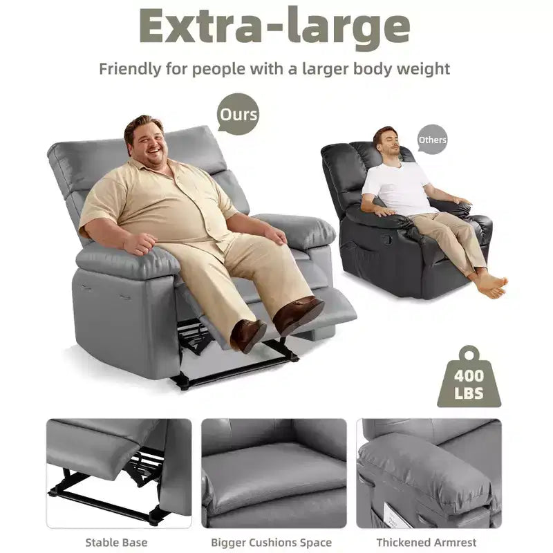 Fauteuil inclinable pivotant surdimensionné à bascule large – Fauteuil inclinable manuel en cuir PU pour adultes, fauteuil paresseux confortable avec rembourrage éponge 1,5X et facile