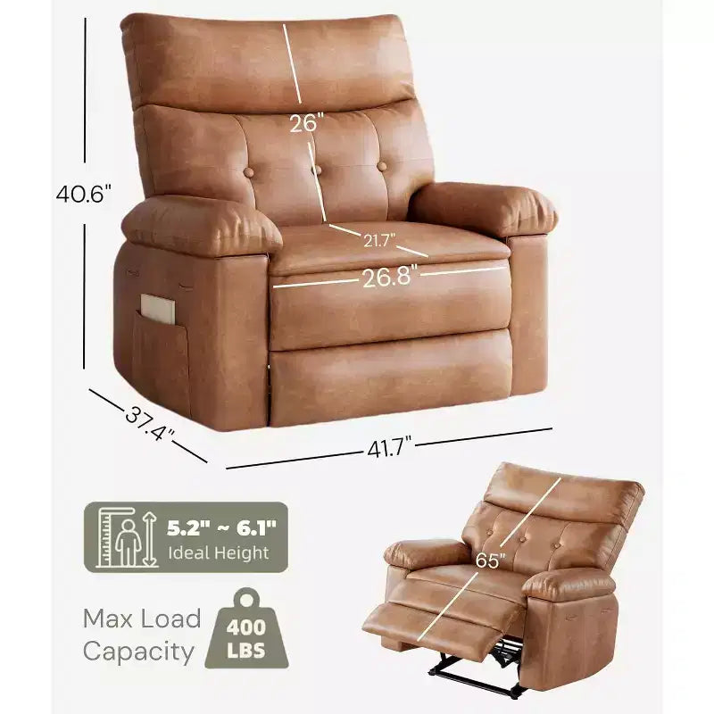 Fauteuil inclinable pivotant surdimensionné à bascule large – Fauteuil inclinable manuel en cuir PU pour adultes, fauteuil paresseux confortable avec rembourrage éponge 1,5X et facile