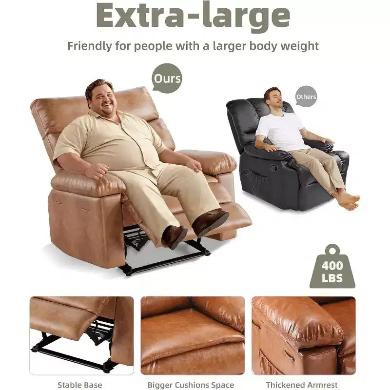 Fauteuil inclinable pivotant surdimensionné à bascule large – Fauteuil inclinable manuel en cuir PU pour adultes, fauteuil paresseux confortable avec rembourrage éponge 1,5X et facile